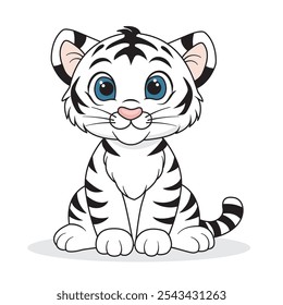 A hand-drawn cute white tiger cub. An albino tiger isolated on a white background. Vector illustration.  It can be used on children's T-shirts, textiles, printing.