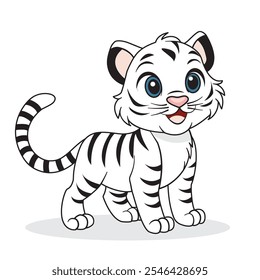 A hand-drawn cute white tiger cub. An albino tiger isolated on a white background. Vector illustration.  It can be used on children's T-shirts, textiles, printing.