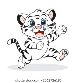 A hand-drawn cute white tiger cub. An albino tiger isolated on a white background. Vector illustration.  It can be used on children's T-shirts, textiles, printing.