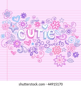 Hand-Drawn Cutie Letting and Flowers Sketchy Notebook Doodles Design Elements on Pink Lined Paper Background- Vector Illustration