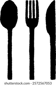 Hand-drawn cutlery set. Bold shape of fork, knife, spoon isolated on the white background