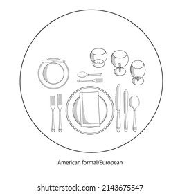 Hand-drawn Cutlery set with Plates, spoon, fork, knife, glass, cup on the table in American European style vector illustration
