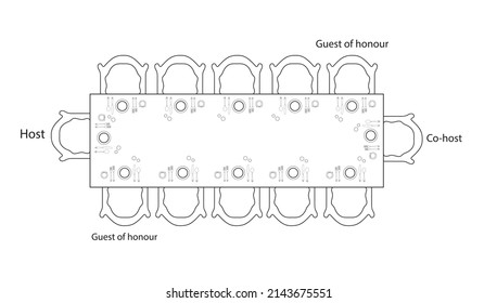 Hand-drawn Cutlery set with Plates, spoon, fork, knife, glass, cup on the table in American European style vector drawing illustration

