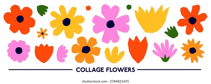 Hand-drawn cutout scrapbook paper.Naive cut collage, whimsical flowers, abstract, organic elements for collage design, notebook,funky scrapbook,Y2K aesthetics.Floral illustration with layout shape set