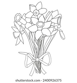Hand-Drawn Daffodil Flowers Coloring Page For Kids Is A Black And White Vector Illustration Suitable For Printing