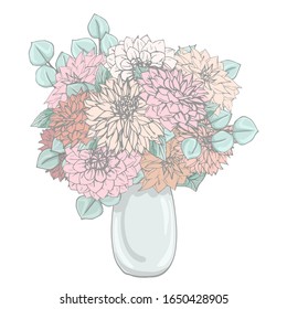 Hand-drawn dahlias flowers in a vase. Isolated floral elements. Vector flowers on white background.