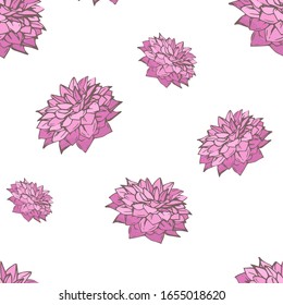 Hand-drawn dahlias seamless pattern. Isolated floral elements. Vector flowers on white background.