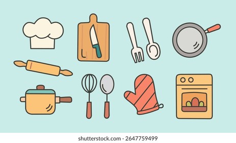 Conjunto de elementos de ferramentas de cozinha diário desenhado à mão. Ideal para culinária, receita, ilustrações relacionadas à comida ou conteúdo com temas de cozinha.