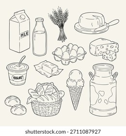 Hand-drawn dairy and bakery set: breakfast and farm products. Includes milk, cheese, butter, yogurt, eggs, bread basket, ice cream cone, and milk churn. Outline vector.