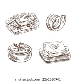 Conjunto de boceto de productos lácteos dibujados a mano. Mantequilla en una tabla, menta, cuchillo, yogur en un tazón, rizo de mantequilla. Ilustración vectorial. Dibujo vintage en blanco y negro. 