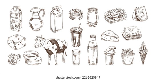 Hand-drawn Dairy products sketch set. Cheese, butter, yogurt, milk, jug, cow, ice cream, bottle, glass. Vector illustration. Black and white vintage drawing. 