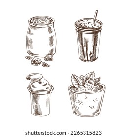 Conjunto de boceto de productos lácteos dibujados a mano. Yogur con frambuesas, yogur en una olla, yogur en un envase, batido con chocolate. Ilustración vectorial. Dibujo vintage en blanco y negro. 