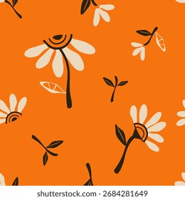 Hand-drawn daisy seamless pattern on bright orange, minimal floral wallpaper for fabric, stationery, and packaging