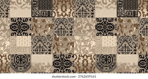 Hand-drawn damask patchwork pattern with floral ornaments and vintage scrollwork.Hand-drawn classic baroque tile illustration, seamless victorian textile background in beige and charcoal.