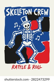 Hand-drawn dancing skeleton in a top hat against a bold blue and red background. This playful graphic uses a pop-art style to celebrate music and seasonal festivities. Ideal for event posters or apparel design.