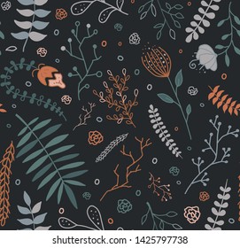 Hand-drawn dark backgrounded pattern with floral elements