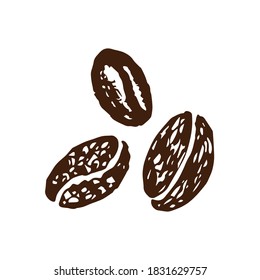 Hand-drawn dark brown coffee beans isolated on white background. Hot drink, barista. For packaging, labels, product design. Vector drawing.