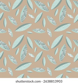 Hand-drawn dark and light green leaves on a beige background. Seamless pattern is plant for clothing, fabric, wallpaper, backdrop, home decoration, cover book, and wall art. Vintage style. 