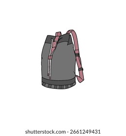 Handgezeichneter dunkelrosa und grauer Schulrucksack, schwarz-weiße Vektorgrafik, Kindertasche, niedlicher Doodle-Stil, leeres Farbseitendesign. Weißer Hintergrund