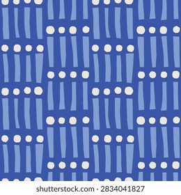 Hand-drawn dash and dot seamless repeat in a grid formation. Short vertical lines alternate with rounded dot accents in a regular staggered arrangement, creating a playful, textural take on a traditional dotted line motif. Modern Playful Surface Pattern Design with a bold, hand-drawn graphic character. Ideal for contemporary and kids textile, wallpaper and stationery applications.