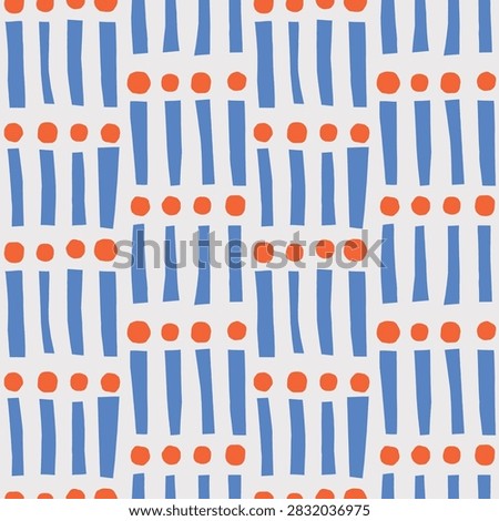 Hand-drawn dash and dot seamless repeat in a grid formation. Short vertical lines alternate with rounded dot accents in a regular staggered arrangement, creating a playful, textural take on a traditional dotted line motif. Modern Playful Surface Pattern Design with a bold, hand-drawn graphic character. Ideal for contemporary and kids textile, wallpaper and stationery applications.