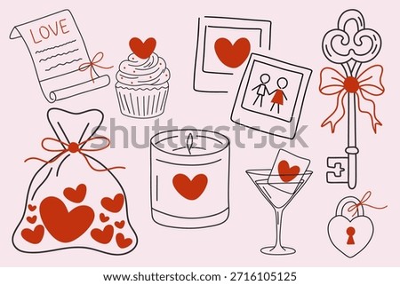 Hand-drawn Valentine’s Day doodle set with romantic love symbols in minimal line style. Love letter, cupcake with heart, instant photo frames, candy lollipop with bow, gift bag filled with hearts.