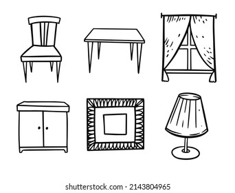 Hand-drawn decor furniture room. Black color line art sketch style. Vector illustration.