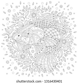 Hand-drawn decorated cartoon cod on the white background with algae. Image for coloring pages. Vector illustration