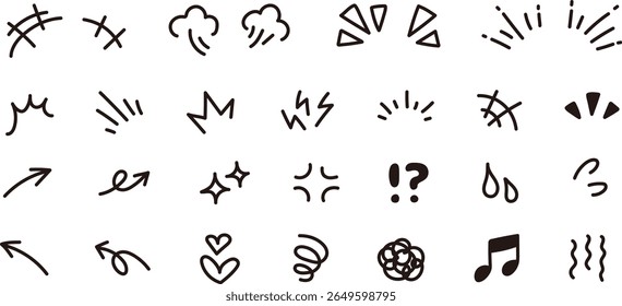 Hand-drawn decoration set. Cartoon style emotion icons. Cute line illustrations in doodle style. Vector material of emphasis, arrows, and shine.
