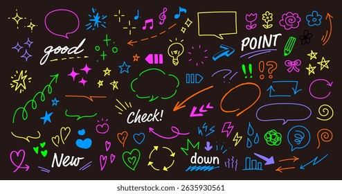 Hand-drawn decoration set. Cute line drawings. Speech bubbles, arrows, stars, hearts, etc. Emotion icons drawn with a pen.