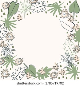 Handgezeichneter Zierrahmen für Designkarten oder Vorlagen. Vektor-Blumenelemente mit tropischen Blättern