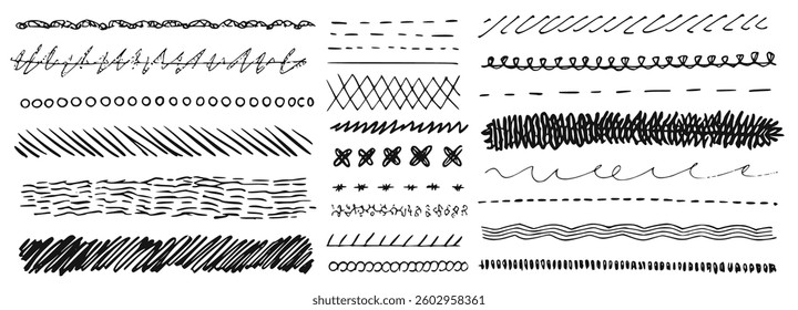 Hand-drawn decorative borders and dividers in vintage doodle style. Includes floral curves, brush strokes, ribbons, and abstract frames. Ideal for invitations, ornaments, and creative layouts.