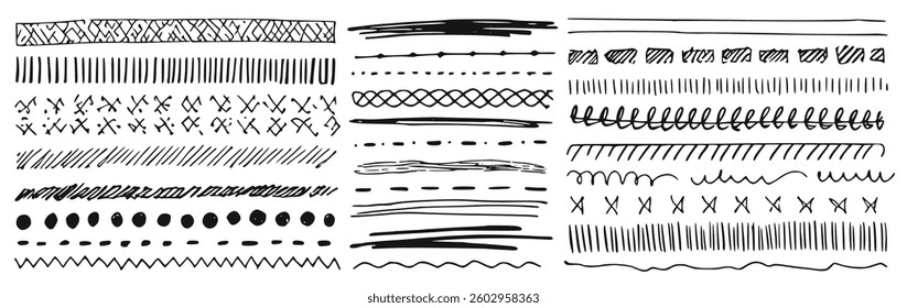 Hand-drawn decorative borders and dividers in vintage doodle style. Includes floral curves, brush strokes, ribbons, and abstract frames. Ideal for invitations, ornaments, and creative layouts.