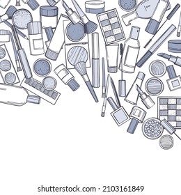 Hand-drawn decorative cosmetics for makeup. Vector background.