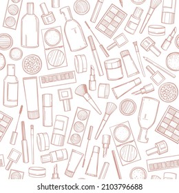 Hand-drawn decorative cosmetics for makeup.  Vector  seamless pattern. 