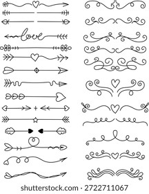 Hand-drawn decorative dividers and arrow elements set. Elegant floral flourishes, swirls, hearts, and ornamental separators in black line art. Perfect for weddings, invitations, logos, branding, typography projects, posters, and stylish graphic design layouts.