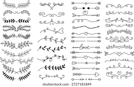 Divisores decorativos desenhados à mão e conjunto de elementos de seta. Perfeito para casamentos, convites, logotipos, marcas. Elegantes floreios florais, redemoinhos, corações e separadores ornamentais na arte da linha preta. 
