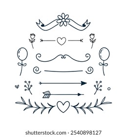 Hand-Drawn Decorative Elements - Borders and Dividers with Hearts and Arrows
