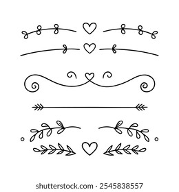 Elementos decorativos desenhados à mão - bordas e divisórias com corações e setas
