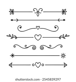 Elementos decorativos desenhados à mão - bordas e divisórias com corações e setas