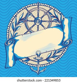 Hand-drawn decorative emblem with anchor & steering wheel
