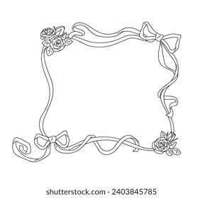 Hand-drawn decorative frame with roses and ribbons, line drawing