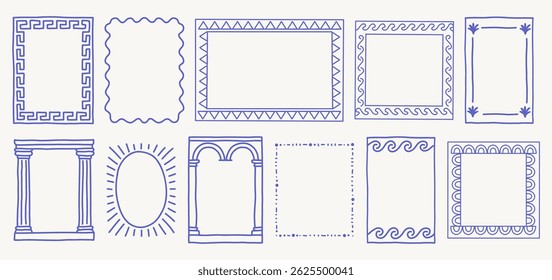 Quadros decorativos desenhados à mão inspirados na arquitetura clássica e motivos mediterrânicos. Bordas geométricas, gregas, italianas e abstratas para cartões postais, convites e design de impressão.