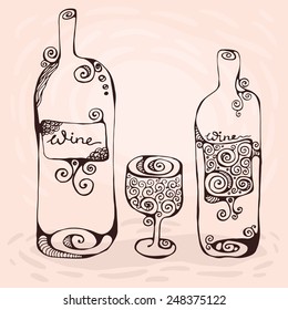 The hand-drawn decorative illustration of the wineglass and two bottles of wine