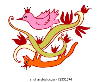 hand-drawn decorative motif of a bird and a beast