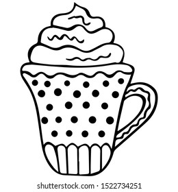 Hand-drawn decorative mug of cappuccino, hot chocolate, mokkachino with foam. Isolated black and white doodle in scandinavian style. Vector.