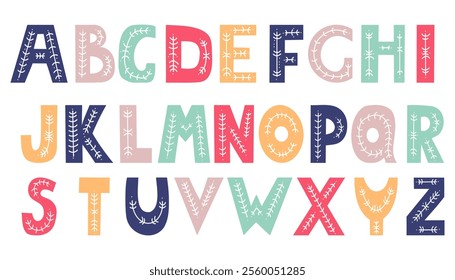 Hand-drawn Decorative multi-colored English Alphabet with folk pattern. Vector illustration. Isolated lettering letters perfect for creative and design