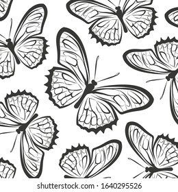 Hand-drawn decorative pattern with butterfly. Black and white.