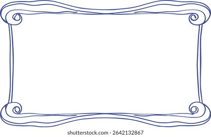 Hand-Drawn Decorative Rectangle Frame with Swirl Corners – Elegant Blue Line Art Border for Invitations, Labels, Cards, Certificates, Scrapbooking, and Artistic Design Elements