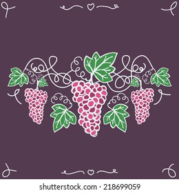 Hand-drawn decorative ripe grapes on the vine. Vector illustration, isolated on the background.Wine list or card. Easy paste to any background